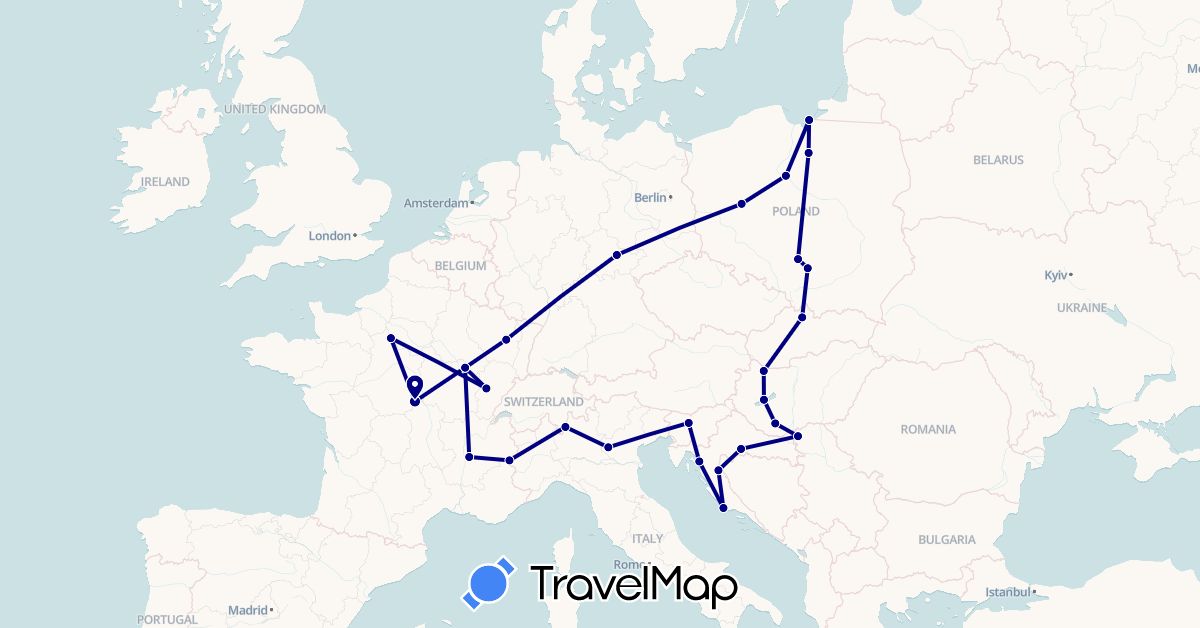 TravelMap itinerary: driving in Germany, France, Croatia, Hungary, Italy, Poland, Serbia, Slovenia, Slovakia (Europe)